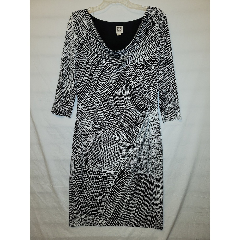 Anne Klein Sz 12 Dress Off-white Black‎ 3/4 Sleeve Stretch Business Casual